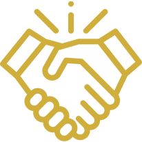 A gold colored symbol of two hands shaking.